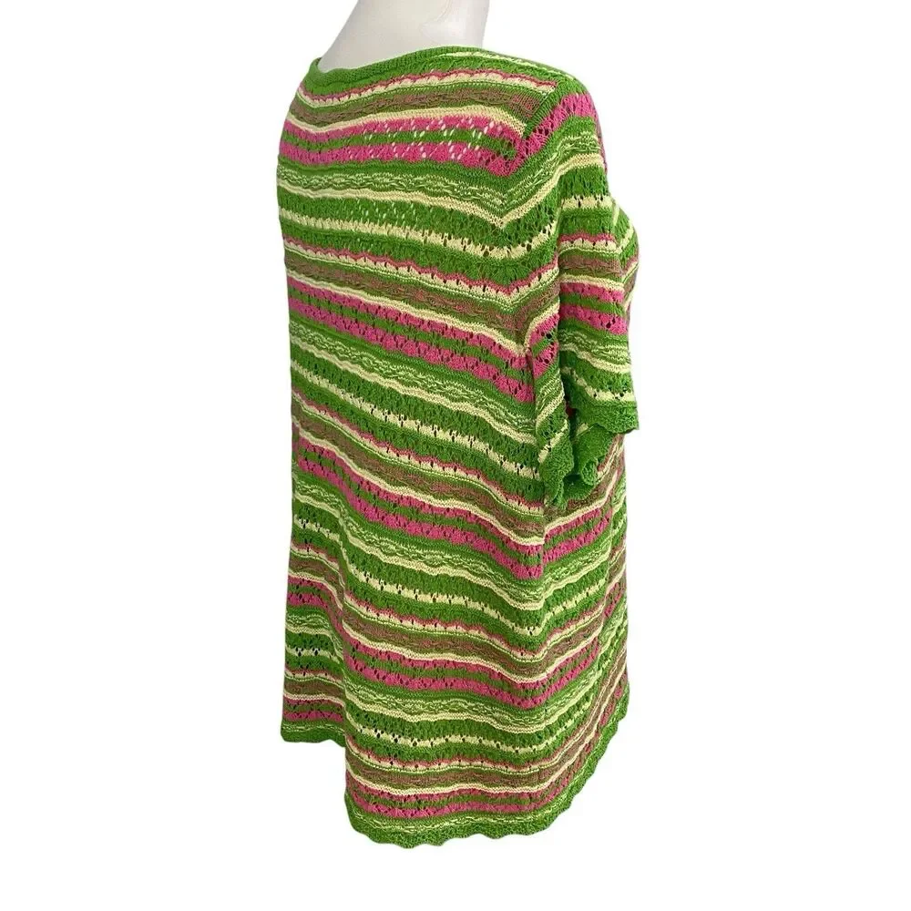 Bell Boho Sweater Womens 2X Green Pink Stripe Open Knit Crochet Short Sleeve